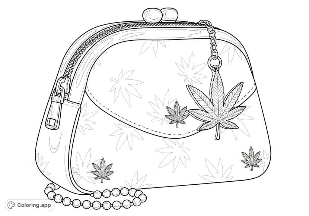 Discover an elegant purse design adorned with detailed cannabis leaf patterns, a polished marijuana leaf charm, and intricate cannabis flower emblems. A unique fashion statement.