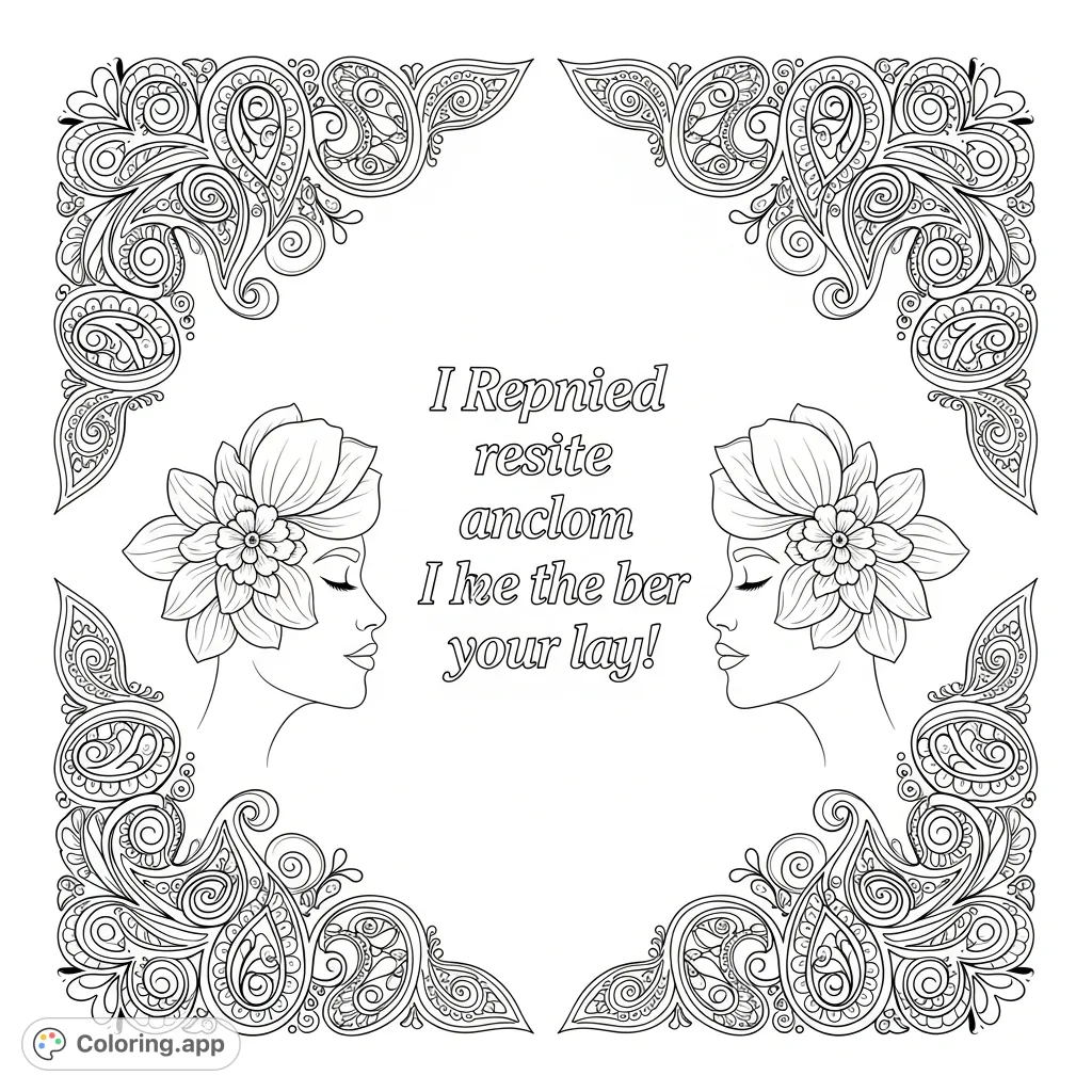 Discover a stunning symmetrical design featuring an elegant woman's profile, delicate floral hair, and a central quote, all framed by intricate paisley patterns.