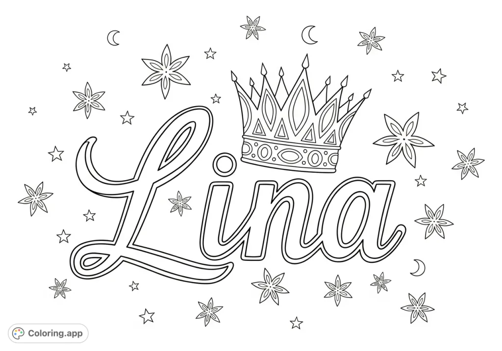 A unique Lina coloring page featuring elegant script, a regal crown with patterned band, and whimsical botanical elements, perfect for personalized art.