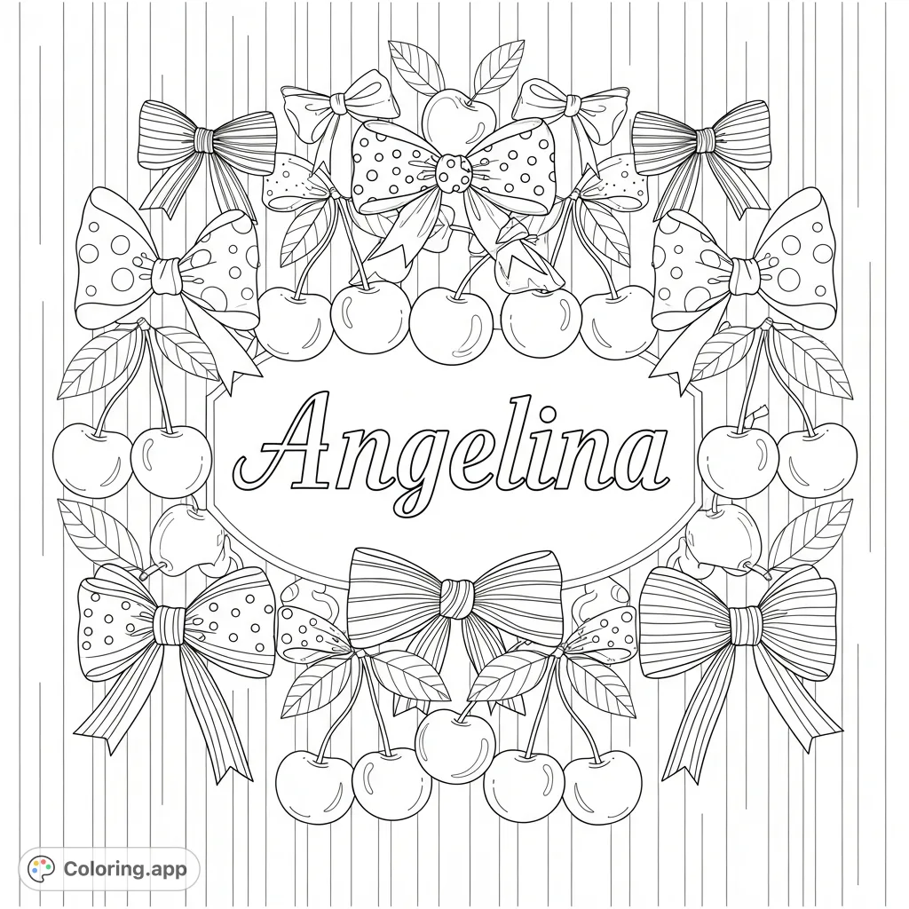 A charming 'Lina' coloring page featuring elegant script framed by playful bows with polka dots and stripes, alongside plump cherries and leaves. A delightful design for all ages.
