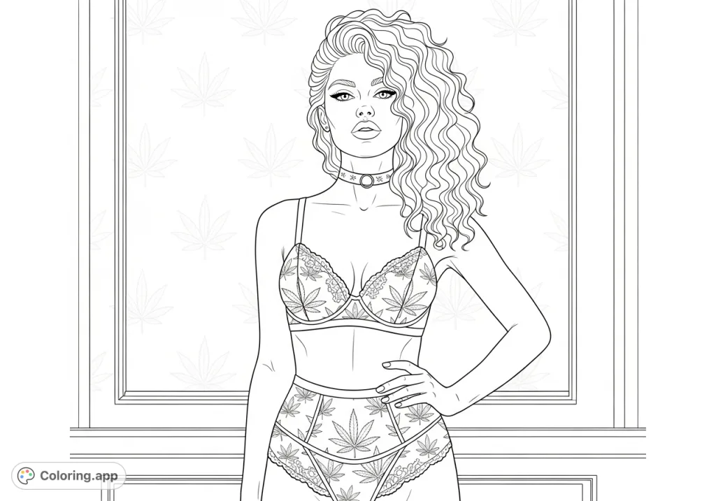 A confident woman in form-fitting lace lingerie with cannabis leaf patterns, standing in an intimate setting. Perfect for adult coloring pages and artistic expression.