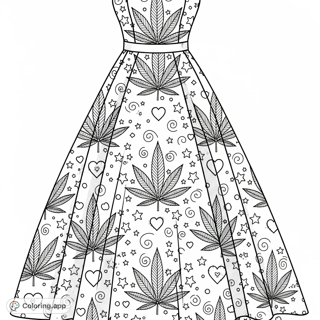 An elegant floor-length formal dress adorned with a sophisticated repeating pattern of stylized marijuana leaves, hearts, and stars, perfect for intricate coloring.