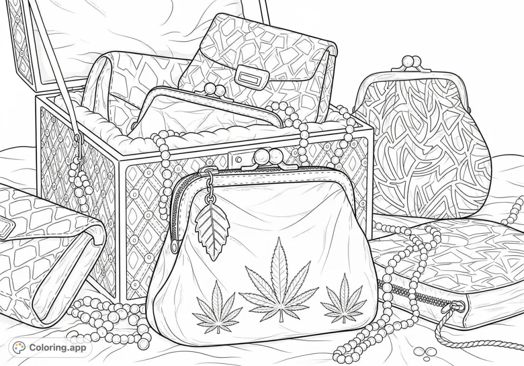 Discover a luxurious scene of elegantly shaped purses tumbling from a silk-lined jewelry box, featuring intricate patterns and a unique cannabis leaf charm.
