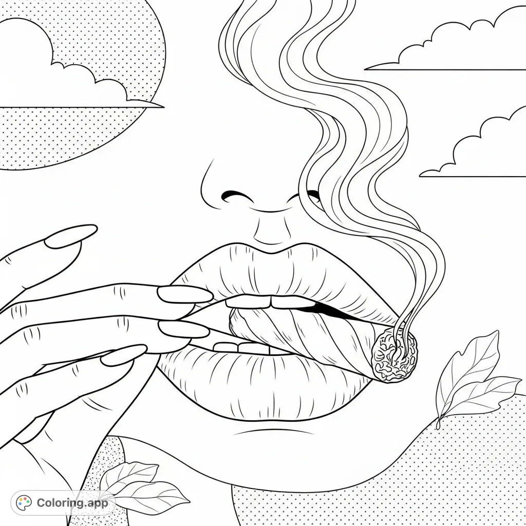 A detailed depiction of a hand gently holding a rolled cylindrical object between parted lips, with elegant wisps of smoke rising gracefully. Focus on textures and forms.