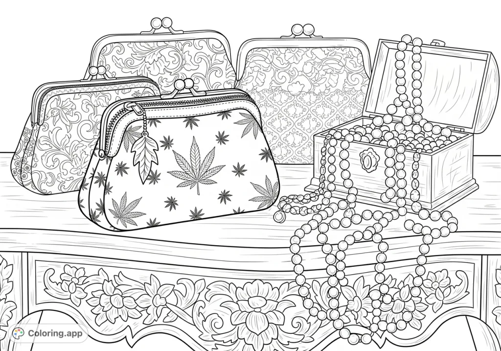 An intricate coloring page featuring elaborately decorated purses with cannabis flower emblems, detailed patterns, cascading beads, and a silver chain on a carved vanity.
