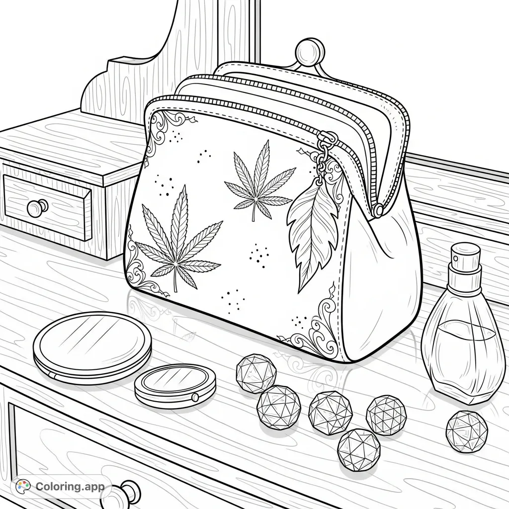 An elegantly detailed purse featuring stylized cannabis flower emblems rests on a polished vanity, surrounded by a compact mirror, perfume bottle, and decorative beads.