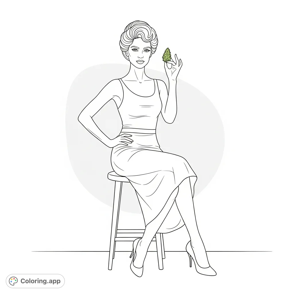 An elegant woman on a tall stool holds a stylized cannabis bud, offering a direct gaze. Her hair is swept up, highlighting a graceful neckline. Perfect for adult colorists.