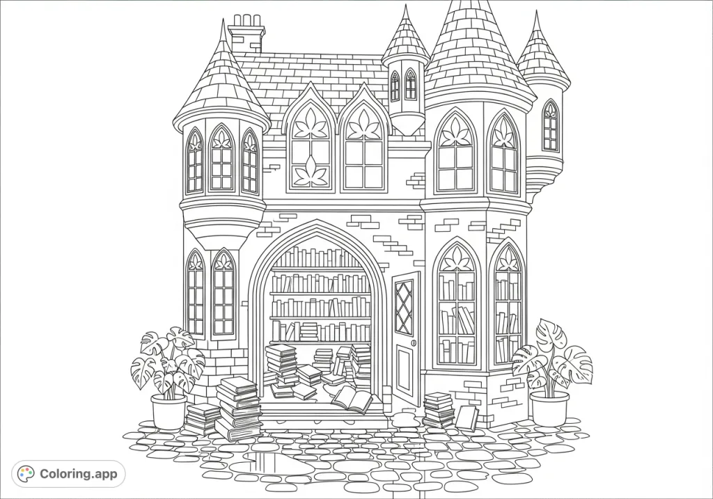 Explore an enchanted, cannabis-themed old-world bookstore with turrets, arched windows, and books spilling onto a wet cobblestone path. A unique coloring adventure!