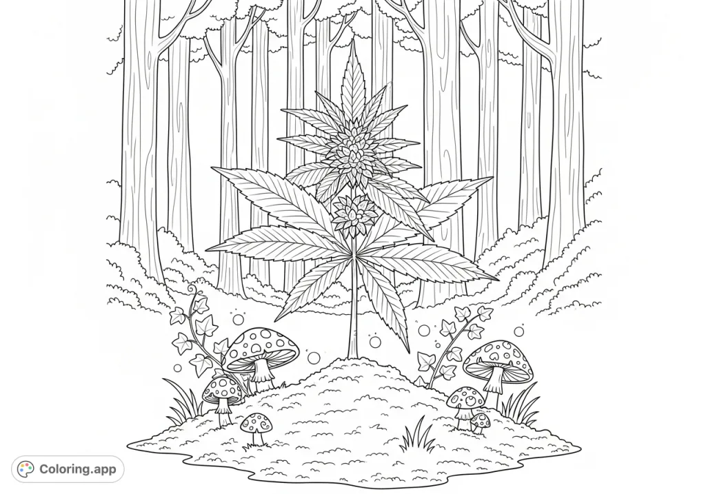 Discover a whimsical cannabis plant thriving in an enchanted forest glade, surrounded by magical toadstools and glowing orbs. A detailed, unique coloring page for adult colorists.