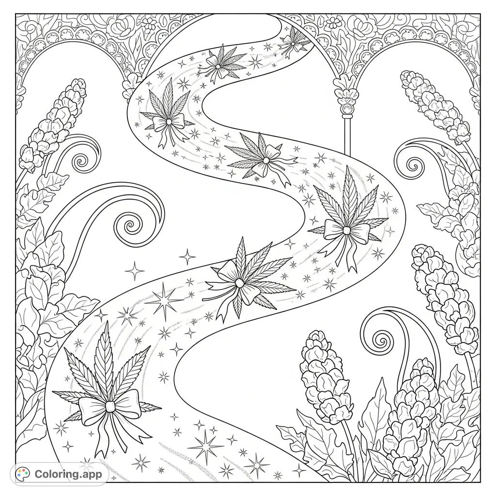 Discover an intricate cannabis leaves coloring page with delicate bows, sparkling trails, whimsical floral buds, and elegant lace archways through an enchanted botanical landscape.
