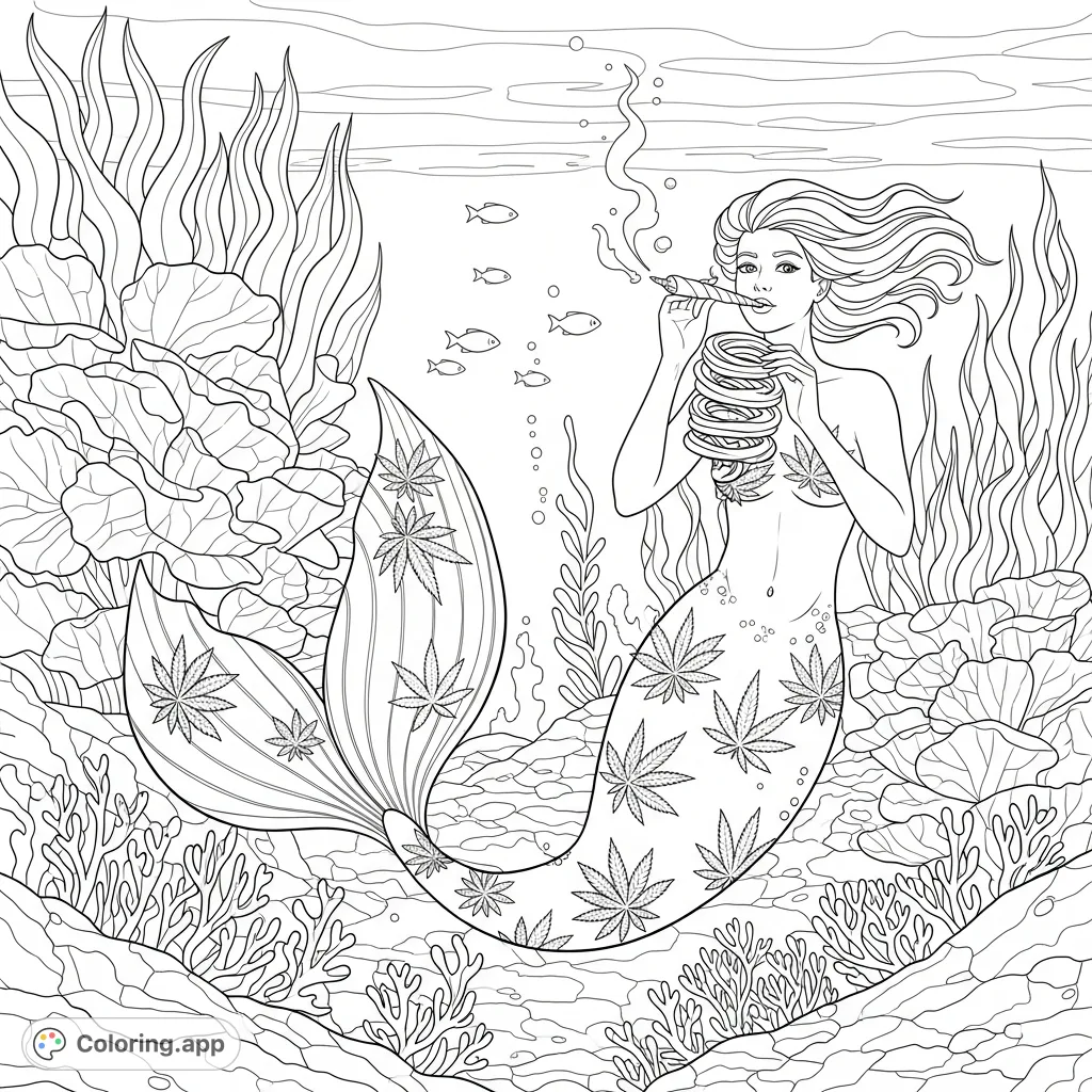 A unique coloring page featuring a mermaid with cannabis leaf patterns, gracefully smoking a seaweed roll amidst detailed underwater flora and rock formations.