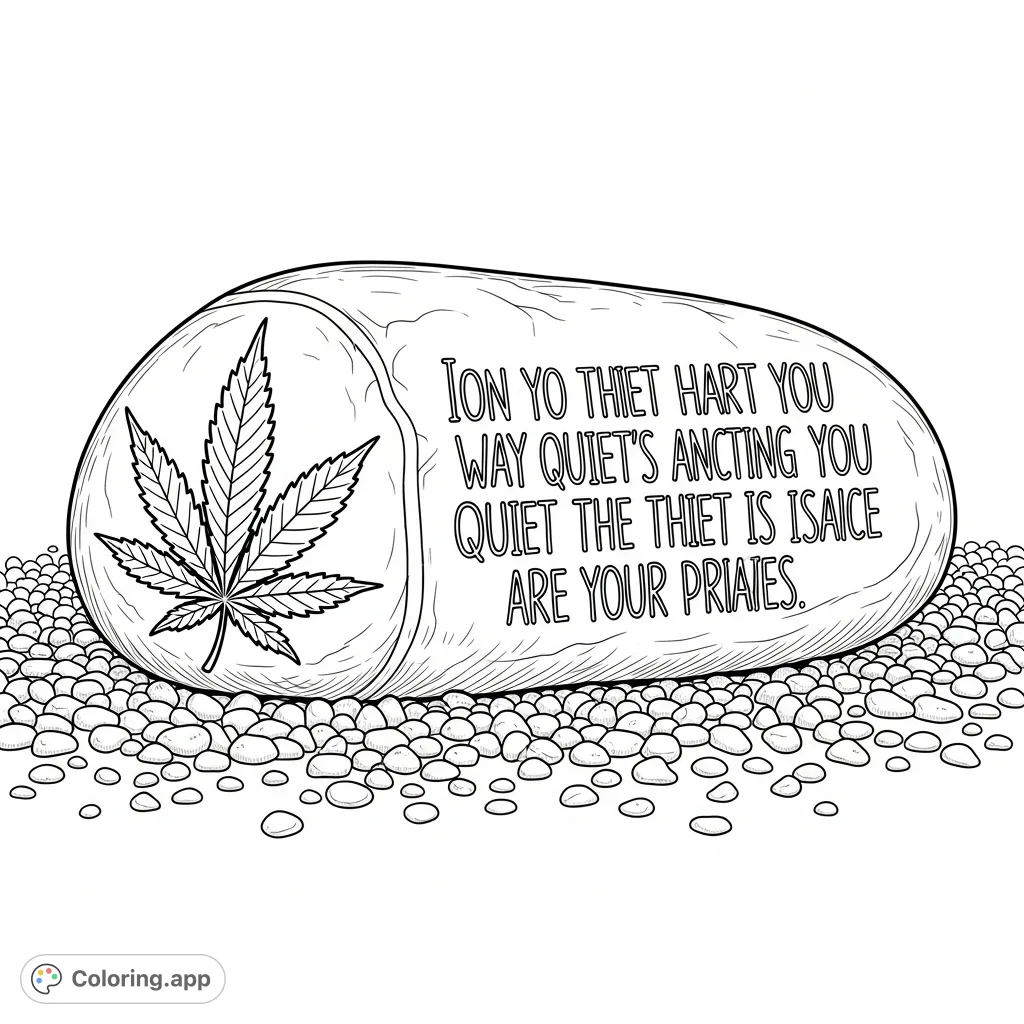 Discover a serene river stone featuring a carved cannabis leaf and an inspiring hand-lettered quote, nestled on raked gravel. Perfect for mindful coloring.