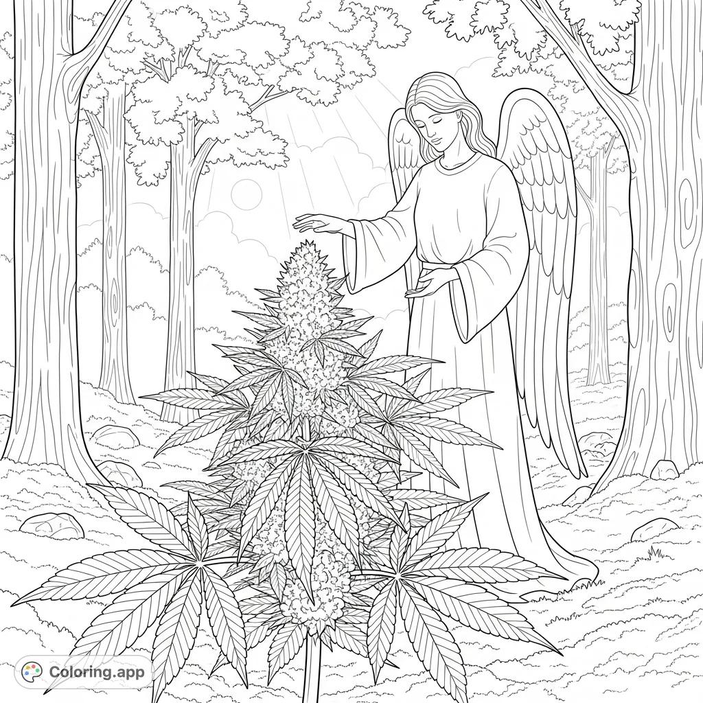 An ethereal angel watches over a flourishing cannabis plant in a peaceful glade. A unique, detailed coloring page for adult colorists.