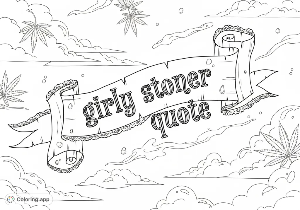 A vintage silk-like banner with a 'girly stoner quote' floats in an ethereal cloudscape, surrounded by delicate cannabis-inspired plant motifs and glistening dew drops.