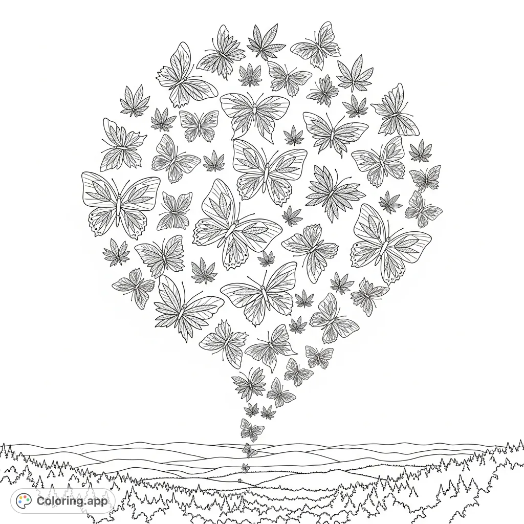Immerse yourself in a captivating cannabis butterfly coloring page. A majestic swarm with intricate leaf and flower wing patterns floats above rolling hills.