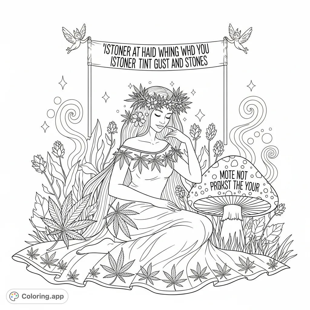 An ethereal figure reclines in a fantastical garden, adorned with delicate cannabis leaf patterns and profound quotes. A unique, intricate adult coloring page.