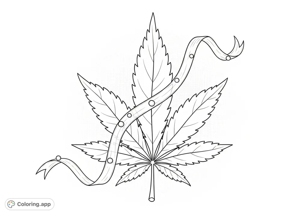 An elegant cannabis leaf design featuring flowing lines, a delicate ribbon with pearl-like beads, and a subtle linen background, perfect for mindful coloring.