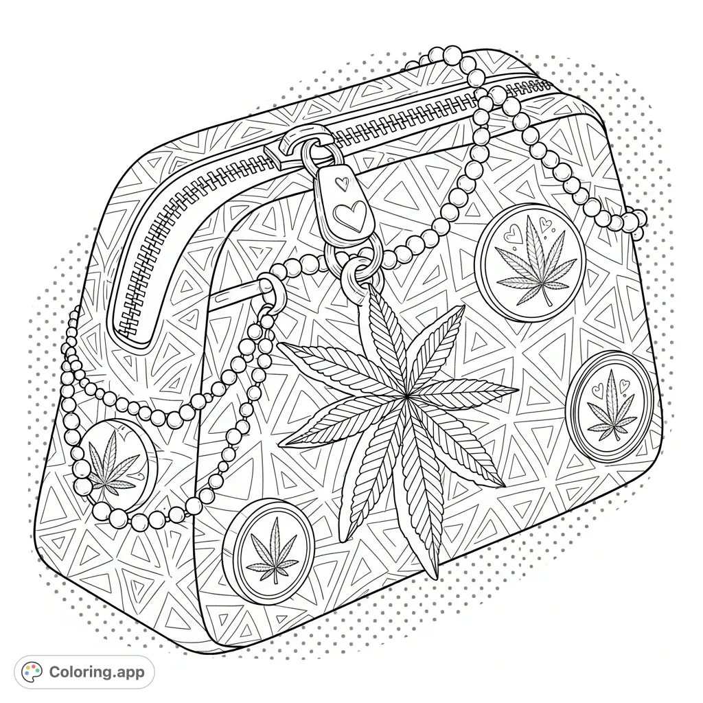 Discover a unique cannabis themed coloring page for adults featuring an exotic purse with embossed marijuana leaf patterns, a 3D charm, and elegant pearl accents.