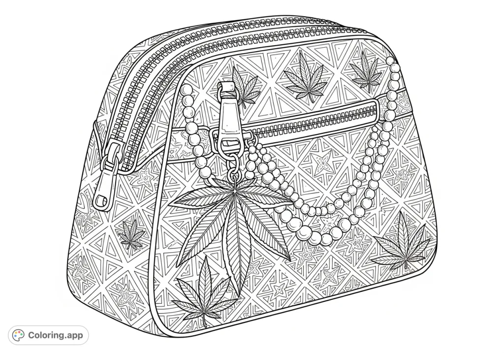 An intricately detailed exotic purse with embossed cannabis leaf patterns, a 3D marijuana leaf charm, and elegant pearls. A unique adult coloring page.