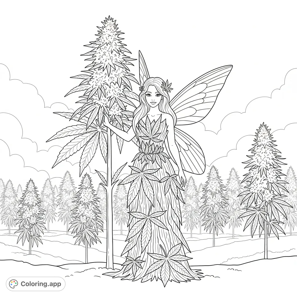 Discover a unique cannabis coloring page featuring a proud fairy beside a robust plant, its leaves forming her dress. An enchanting botanical scene.