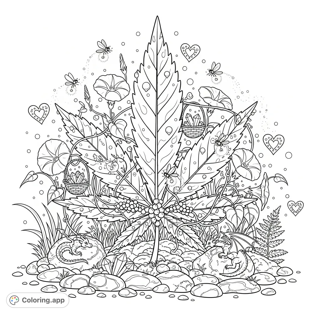 Discover a fantastical cannabis leaf blooming amidst morning glories and fireflies, a detailed botanical scene for creative expression and relaxation.