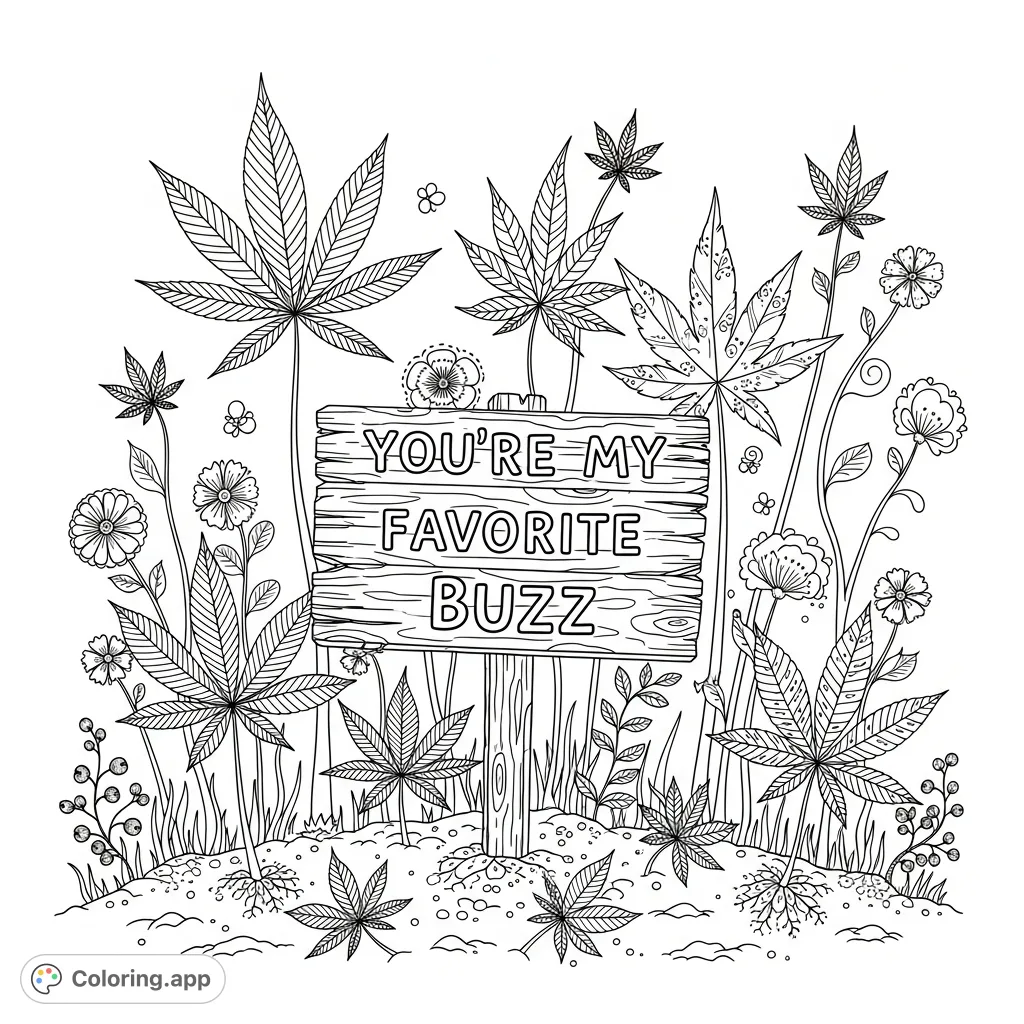 Discover a charming, fantastical garden where lush cannabis plants and whimsical flora thrive. A rustic sign declares "You're My Favorite Buzz" amidst intricate patterns.