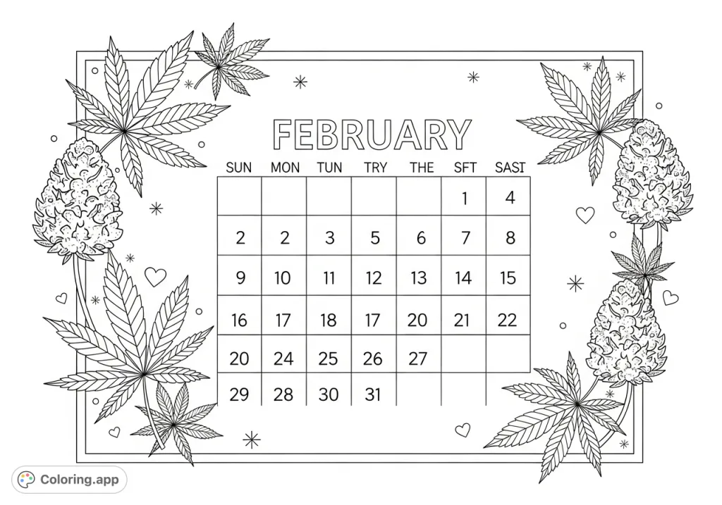 A unique February calendar coloring page featuring a clear date grid and a bold 'February' heading, surrounded by detailed cannabis plant leaves and buds.