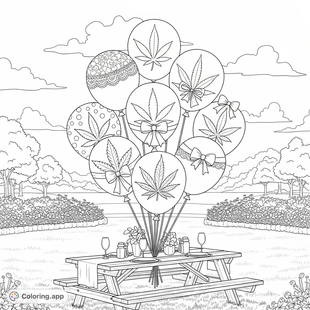 A festive cannabis-patterned balloon centerpiece on an outdoor picnic table, adorned with lace, bows, and a pearlized sheen, surrounded by a manicured lawn and flowerbeds.