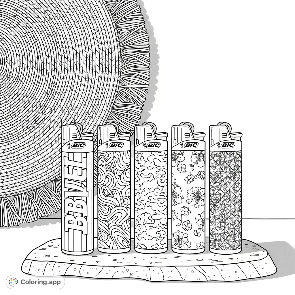 Discover five Bic lighters standing on a stone slab, each adorned with unique designs from bold graphics to delicate florals, set against a textured placemat. A challenging patterns coloring page for adults.