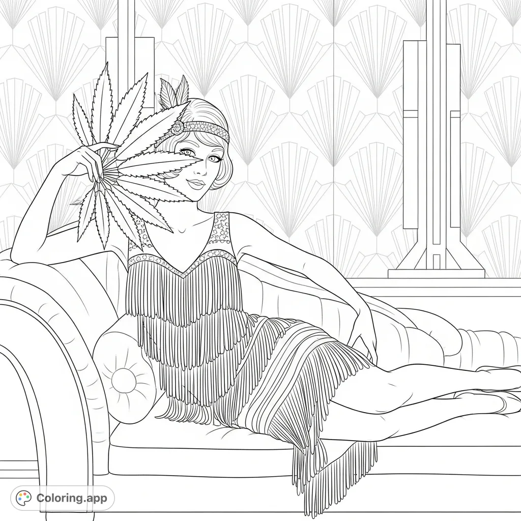Indulge in the allure of the Roaring Twenties with this elegant flapper woman coloring page, featuring a luxurious chaise lounge and Art Deco patterns.