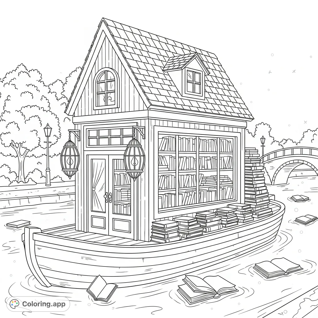 Discover a unique cannabis house-like shop afloat on a tranquil canal, brimming with books and illuminated by ornate lanterns, creating an enchanting scene for adults.