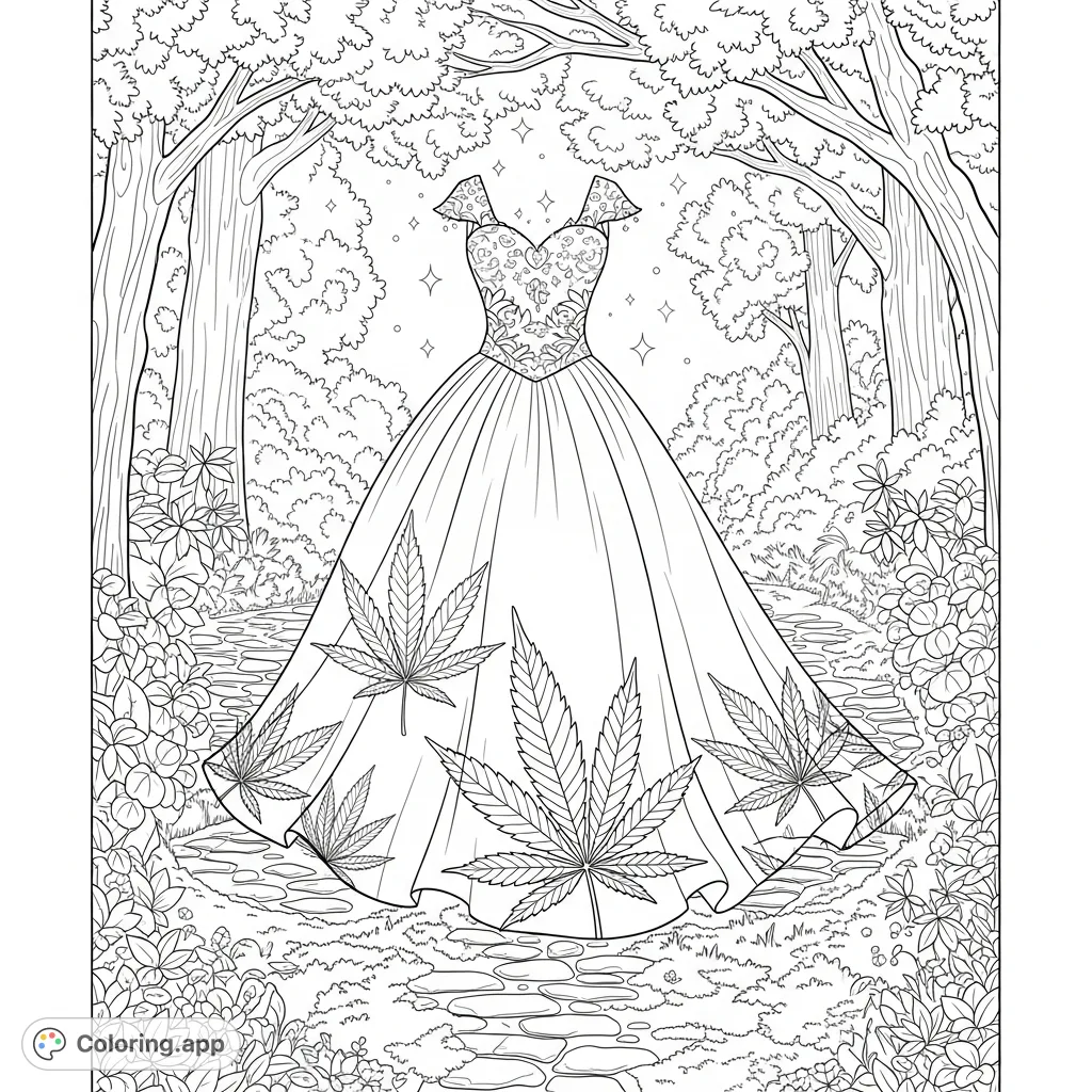 Discover a majestic formal dress adorned with cannabis leaf patterns, floating gracefully in an overgrown botanical garden with sparkling details and winding pathways.