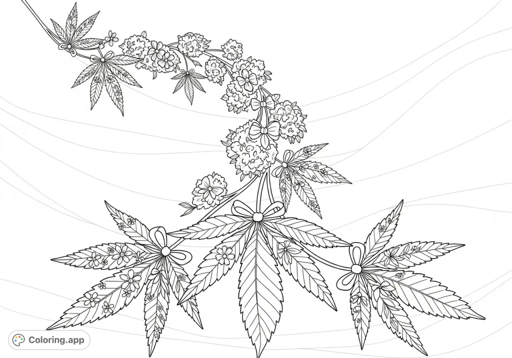Explore a unique cannabis leaf and bud design, intricately detailed with floral patterns and bows, arranged in a beautiful cascading vine. A relaxing coloring experience.