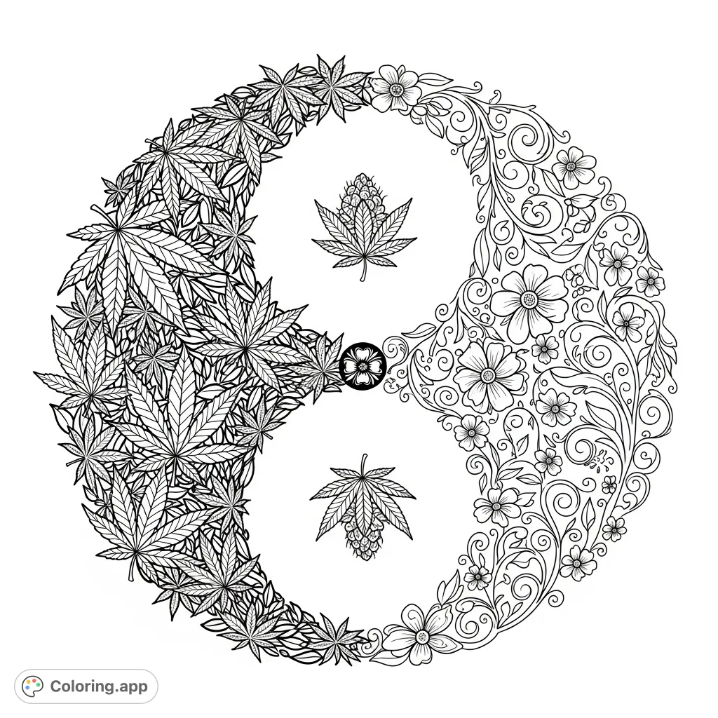 A unique Yin Yang design balancing detailed cannabis leaves with elegant floral patterns, symbolizing harmony. Perfect for a mindful coloring experience.