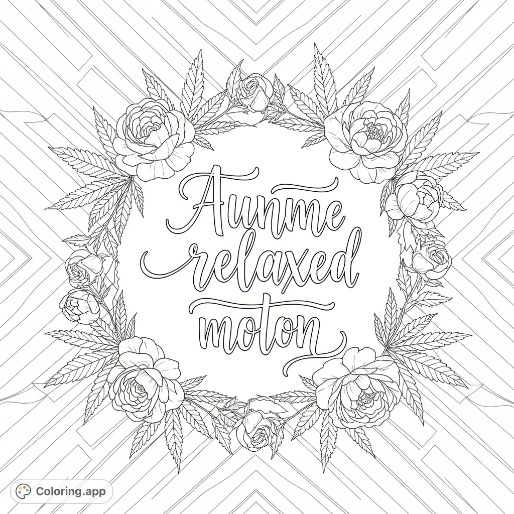 Elegant script quote surrounded by stylized cannabis leaves, rosebuds, and peonies, set against a backdrop of bold geometric patterns. A unique and calming design.