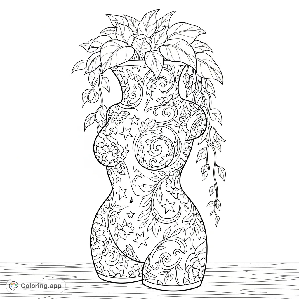 Discover a unique vase shaped like a human torso, adorned with intricate floral patterns and stars, holding an overflowing leafy plant on a wooden surface.