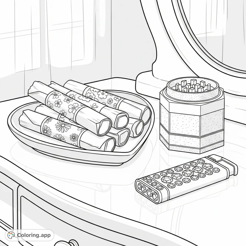 A detailed adult coloring page featuring delicately patterned rolled items, a heart-shaped tray, a grinder, and a gemstone-accented lighter on a polished vanity.