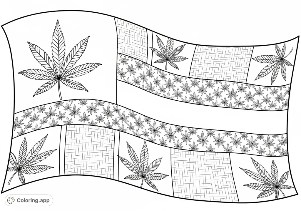 An intricate flag design where stars are cannabis leaves and stripes feature subtle leaf patterns and woven hemp textures. A unique freedom symbol.