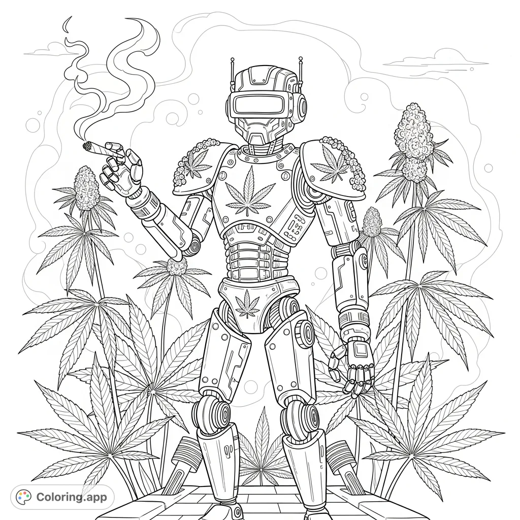 A unique marijuana robot coloring page featuring a detailed robot adorned with cannabis motifs, holding a joint, and surrounded by plants and mechanical elements.