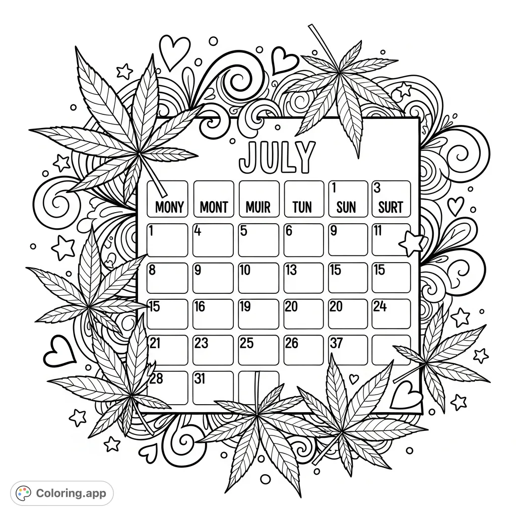 A unique July calendar with bold cannabis leaves and whimsical, girly decorative elements, perfect for creative expression. Celebrate summer with this distinctive coloring page.