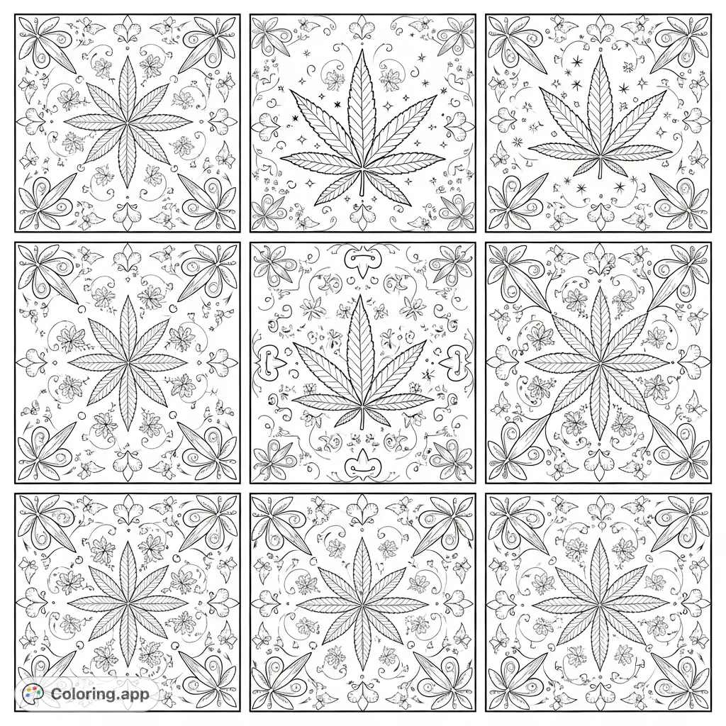 Explore multiple intricate square patterns blending stylized cannabis leaves with feminine details like hearts, stars, and swirls. A unique adult coloring experience.