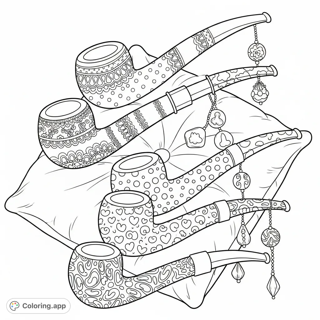 A unique adult coloring page featuring five elegantly curved cannabis pipes adorned with delicate lace, polka dots, swirls, hearts, and floral patterns on a plush cushion.