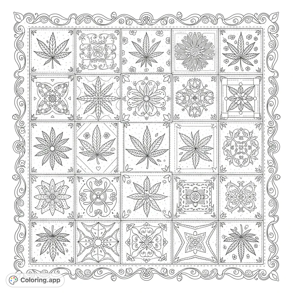 A detailed coloring page featuring a whimsical quilt design with stylized cannabis leaves, surrounded by delicate floral patterns, bows, and intricate stitching.