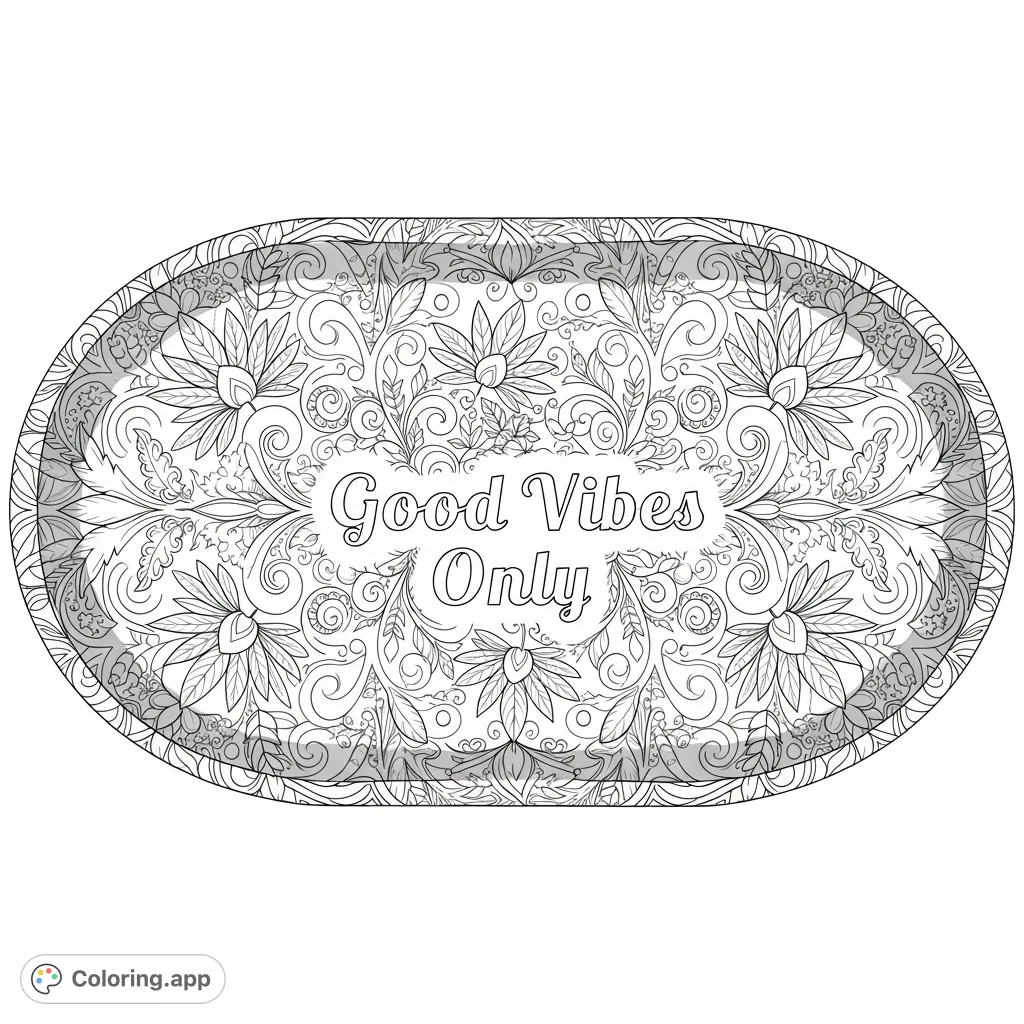 A unique girly cannabis tray coloring page featuring intricate botanical leaf patterns, delicate florals, and the playful text "Good Vibes Only" in a stylish font.