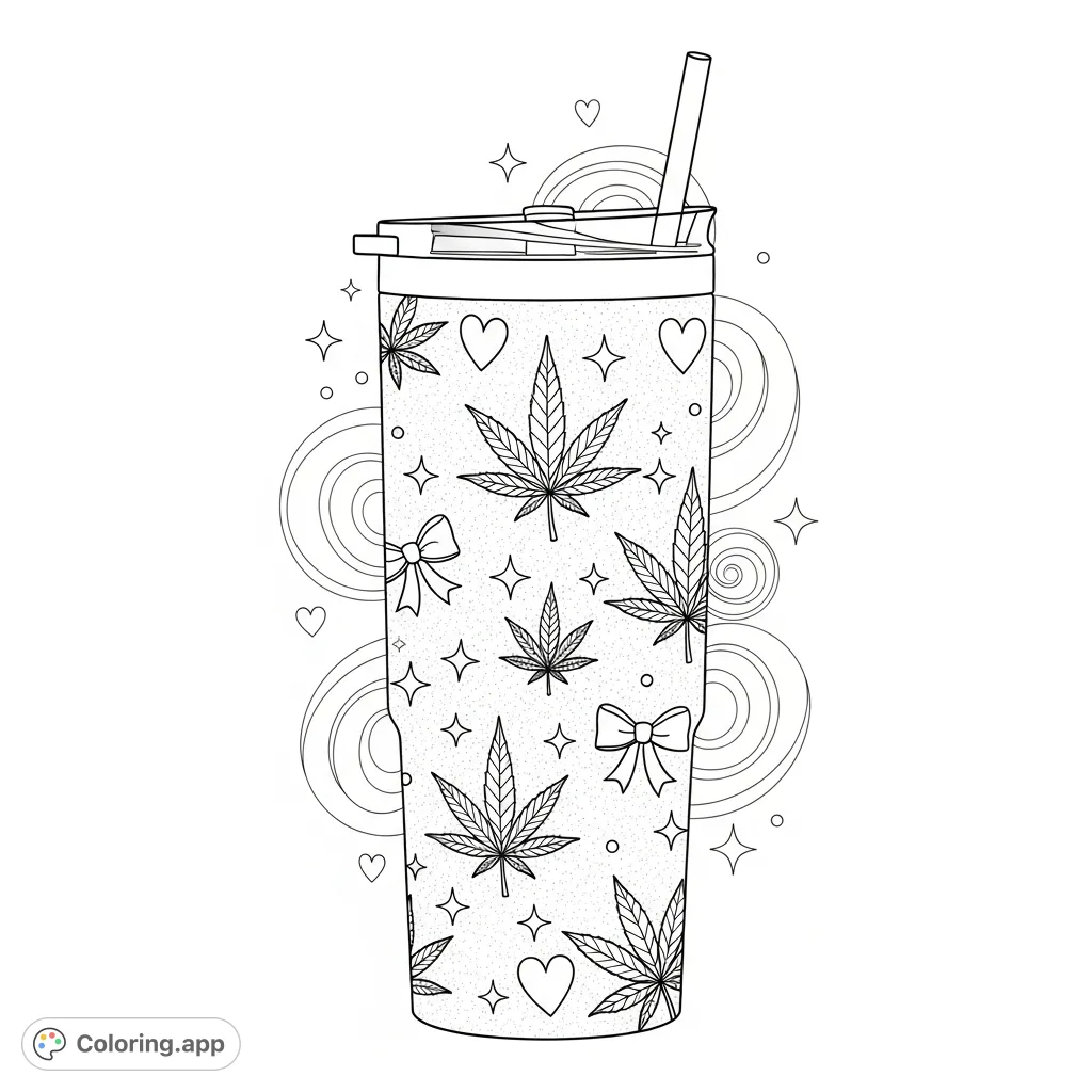 A stylish tumbler design featuring playful cannabis leaves, whimsical hearts, sparkling stars, and cute bows. A fun adult coloring page.