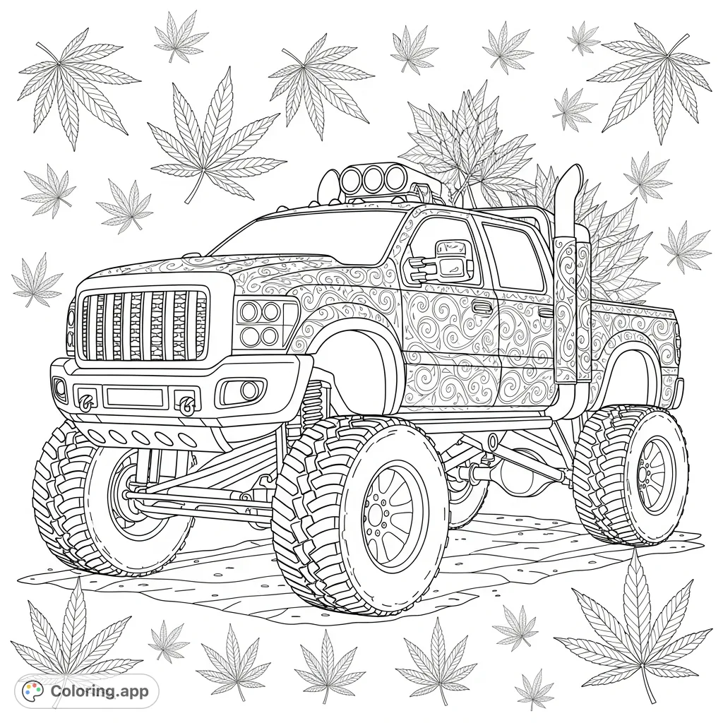 A unique coloring page featuring a robust, lifted truck with feminine floral patterns and decorative marijuana leaves, perfect for adult colorists.