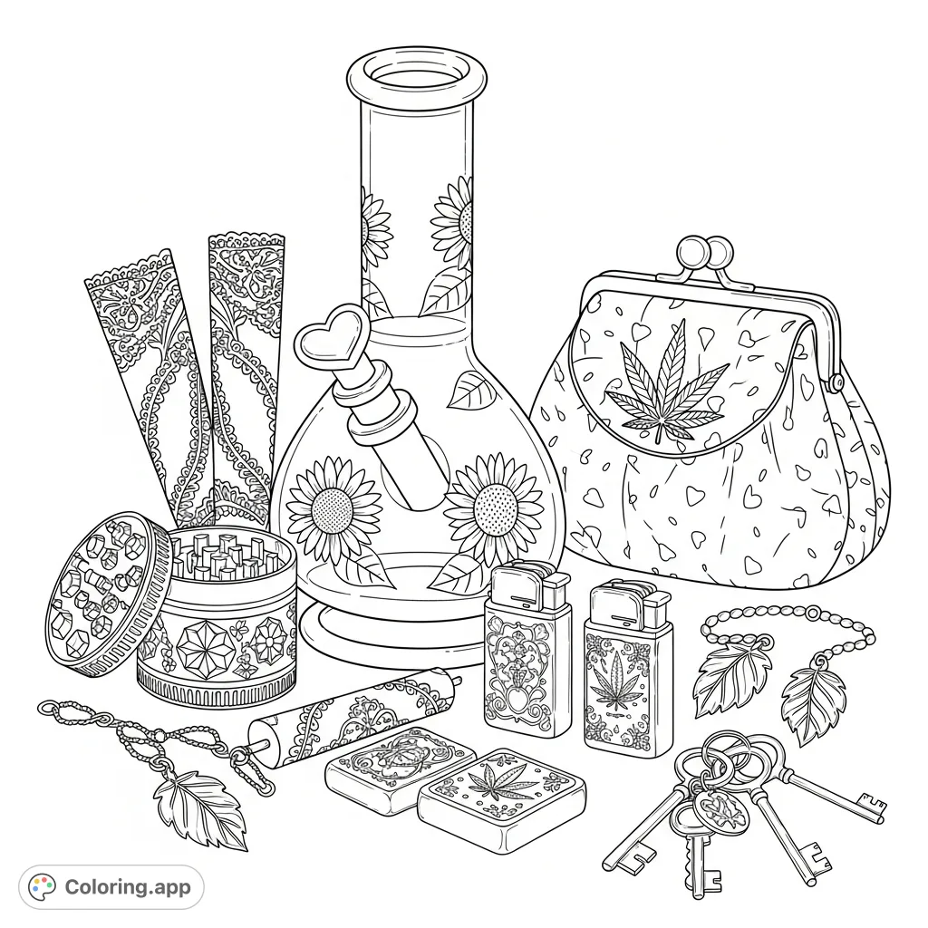 An artful arrangement of delicate "girly" marijuana accessories, including a sunflower-etched bong, jewel-patterned grinder, and lace rolling papers.