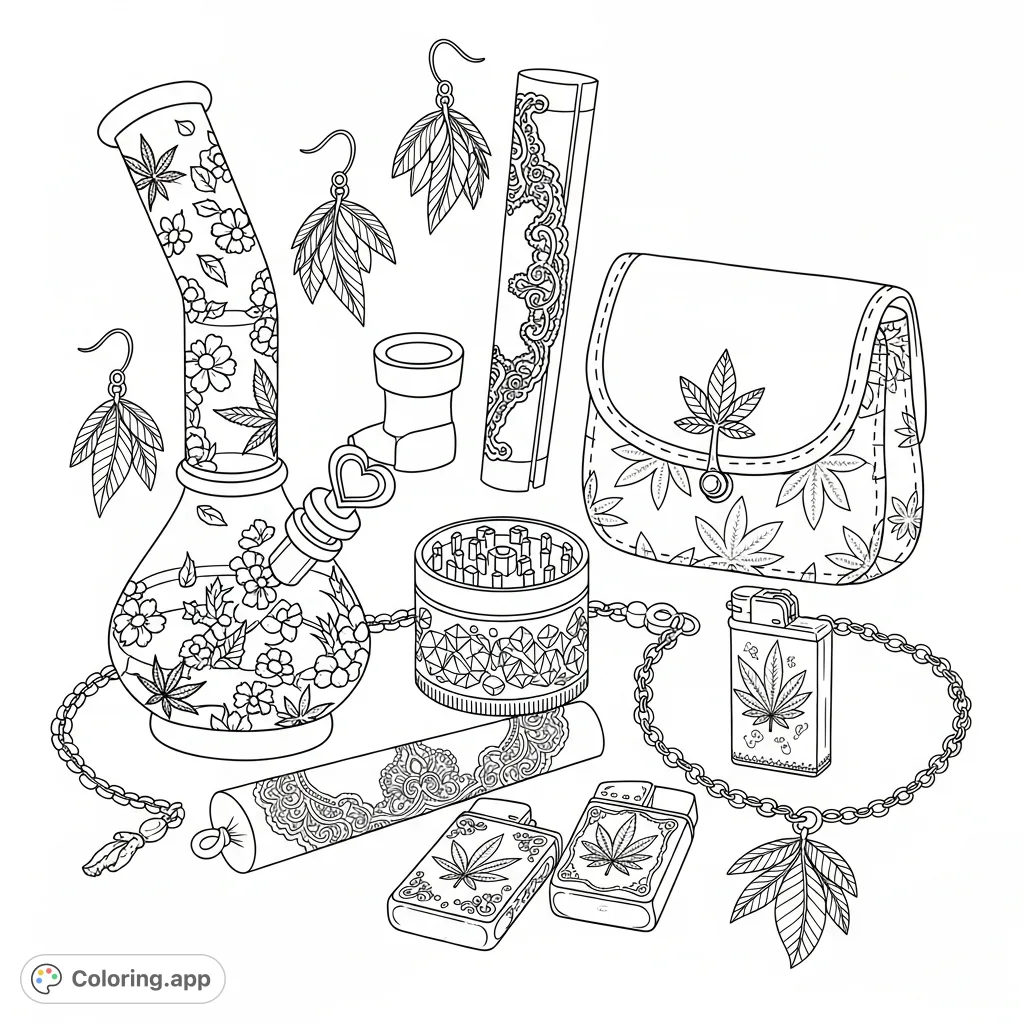Explore an array of stylish marijuana accessories, from intricately etched bongs and jewel-patterned grinders to elegant rolling papers and leaf-motif jewelry. A unique marijuana girly accessories coloring page.