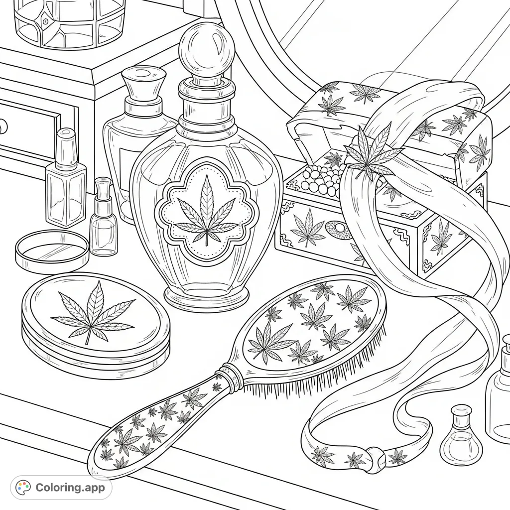 Explore a glamorous vanity table laden with feminine items, each adorned with intricate cannabis leaf designs, from perfume bottles to jewelry boxes.