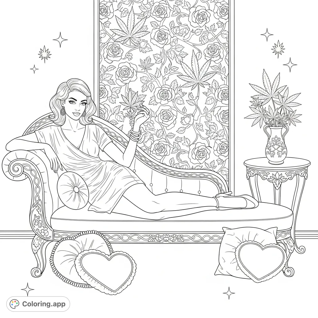 Indulge in a luxurious coloring experience with a glamorous figure reclining on a plush chaise, surrounded by intricate damask patterns and cannabis details.
